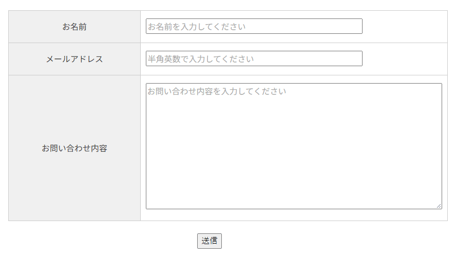 お問い合わせフォーム。お名前・メールアドレス・お問い合わせ内容の入力欄と、送信ボタン